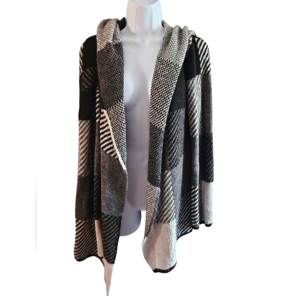 Pinokkio Womens Black Gray Ivory Patchwork Knit Waterfall Cardigan Italy Large - Picture 2 of 7